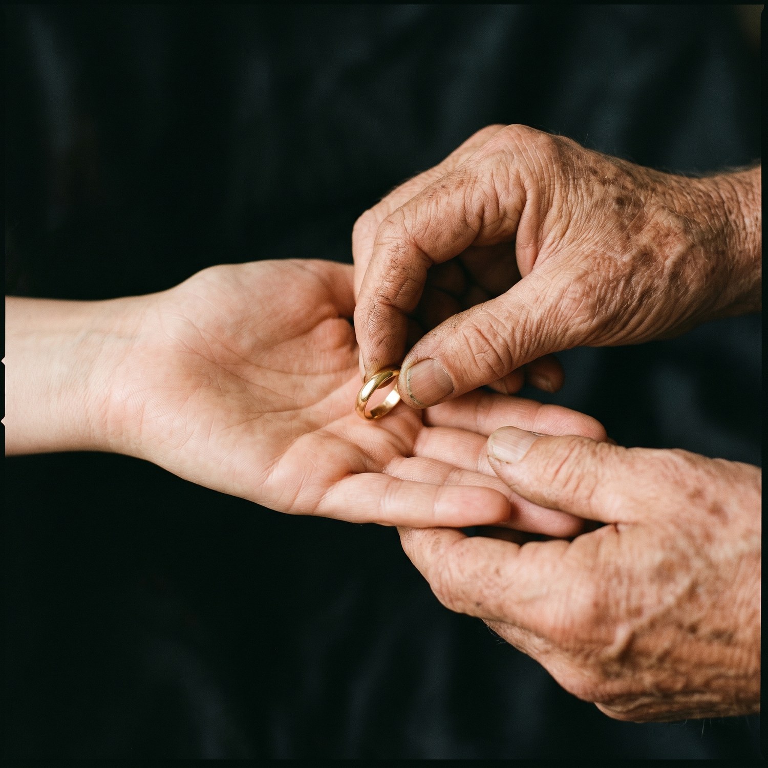 An elder hand passing a solid gold band into a younger open hand